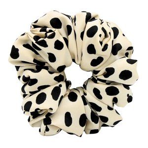 Large Satin Hair Scrunchie, Black and Tan Polka Dot Hair Scrunchie